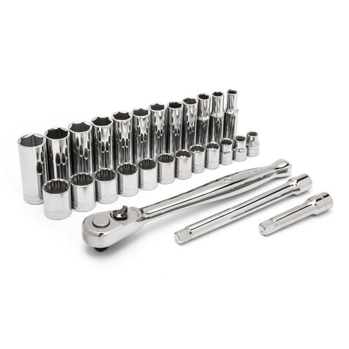 Drive Socket Wrench Sets, 27 Piece, 6/12 Point, 3/8 in Drive, Metric