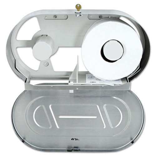 Jumbo toilet paper dispenser holds two rolls of 10-inch diameter, which ...