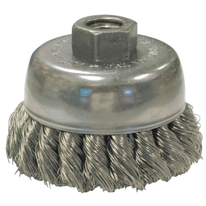 Knot Wire Cup Brushes, 2 3/4 in D, 5/8-11 Arbor, 0.014 Carbon Steel Wire