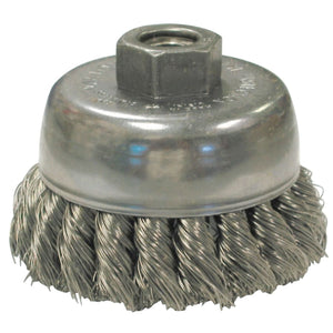Knot Wire Cup Brushes, 2 3/4 in D, 5/8-11 Arbor, 0.014 Stainless Steel Wire