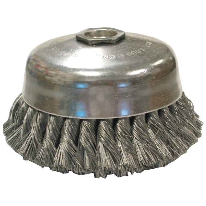Knot Wire Cup Brushes-Single Row-US Series, 4 in Dia, 5/8-11, .02 Carbon Wire