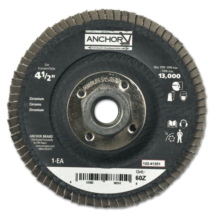 Abrasive Flap Discs, 4 1/2 in, 60 Grit, 5/8 in - 11 Arbor, 13,000 rpm, Angled