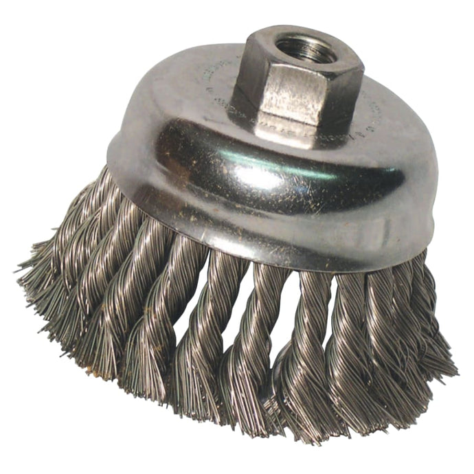 Knot Wire Cup Brush, 4 in Dia., 5/8-11 Arbor, .02 in Carbon Steel, Double Row