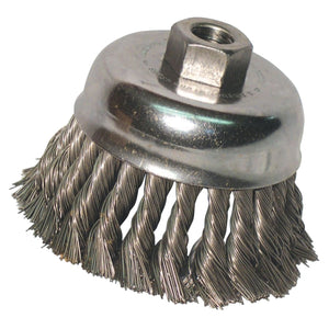 Knot Wire Cup Brush, 3 in Dia., 5/8-11 Arbor, .014 in Carbon Steel, Retail Pk