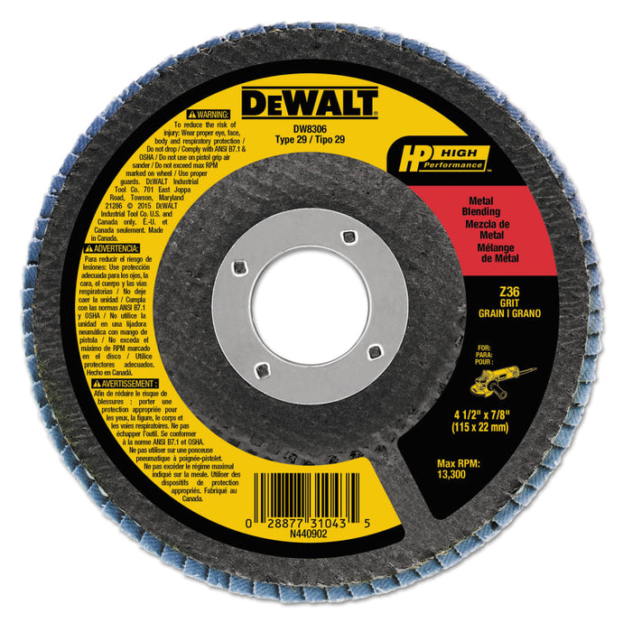 High Perf T29 Flap Disc, 4-1/2 in, 36 Grit, 7/8 in Arbor, 13,300 RPM