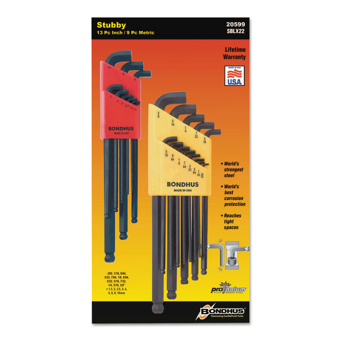 Balldriver Stubby L-Wrench Key Sets, 22 per set, Hex Ball Tip, Inch/Metric