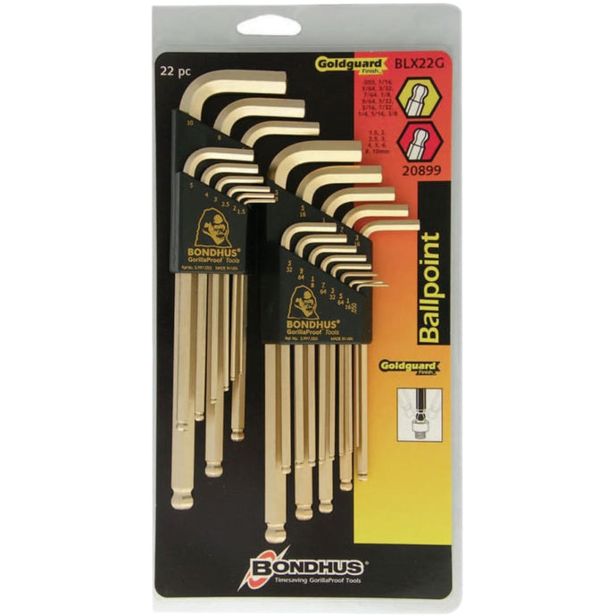 GoldGuard L-Wrench Combination Sets, 22 pieces, Ball Hex Tip, Inch/Metric