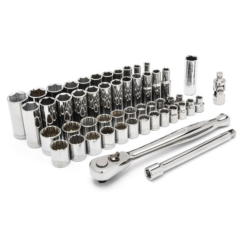 52 Piece 3/8 in Drive Standard and Deep Socket Sets, 6; 12 Point, Metric/SAE