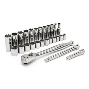 Drive Socket Wrench Sets, 27 Piece, 6/12 Point, 3/8 in Drive, Metric