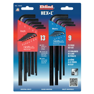 Hex-L Key Set, 22 per card, Hex Tip, Inch/Metric, Long Arm