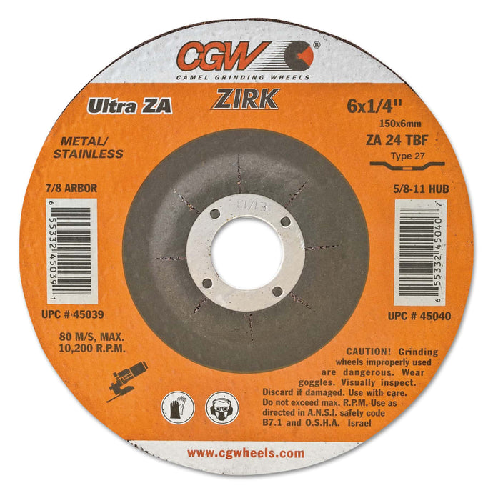 Depressed Center Wheel, Type 27, 4 1/2 in Dia, 1/4 in Thick, 7/8 Arbor, Zirconia