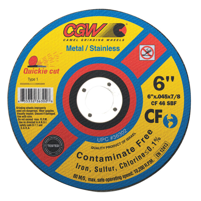 Contaminate Free Cut-Off Wheel, 6 in Dia, .045 in Thick, 36 Grit Alum. Oxide