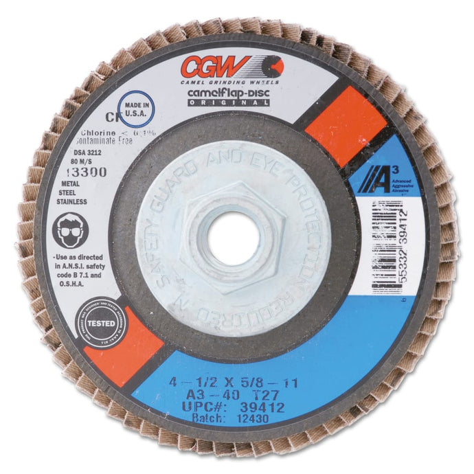 Flap Discs, A3 Aluminum Oxide, XL, 4 in, 40 Grit, 5/8 in Arbor, 15,300 rpm