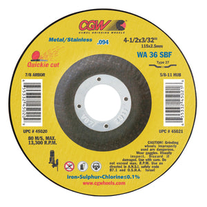 Thin Cut-Off Wheel, 4 1/2 in Dia, 3/32 in Thick, 7/8 Arbor, 36 Grit Alum. Oxide
