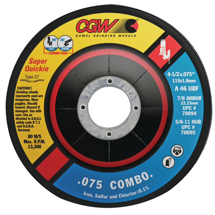 Cut/Grind Combo Wheel, 4 1/2 in Dia, .075 in Thick, 5/8 in Arbor, 46 Grit