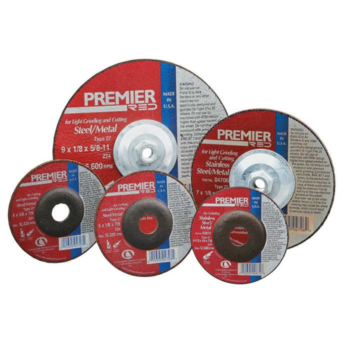 Premier Red Abrasive Wheels for Light Grinding/Cutting, 4 1/2in Dia, 7/8in Arbor