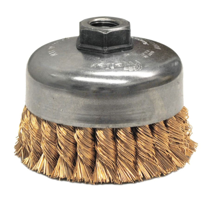 Single Row Heavy-Duty Knot Wire Cup Brush, 4 in Dia., 5/8-11 UNC, .02 in Bronze