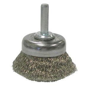 Stem-Mounted Crimped Wire Cup Brush, 1 3/4 in Dia., .006 Stainless Steel