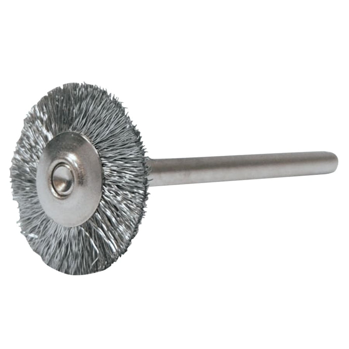 Miniature Stem-Mounted Wheel Brush, 3/4 in Dia., 0.005 in Brass Wire, 37,000 rpm