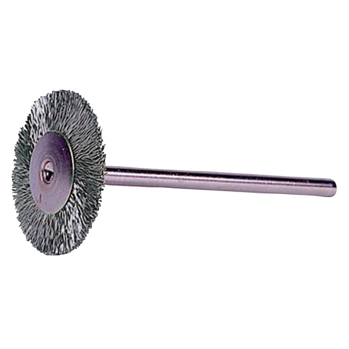 Miniature Stem-Mounted Wheel Brush, 1 1/2in Dia., 0.005in Steel Wire, 25,000 rpm