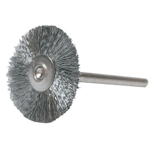 Miniature Stem-Mounted Wheel Brush, 1 in Dia., 0.005 in Steel Wire, 37,000 rpm