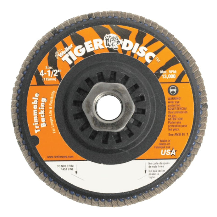 Trimmable Tiger Flap Discs, 4 1/2 in, 40 Grit, 5/8 Arbor, 13,000 rpm