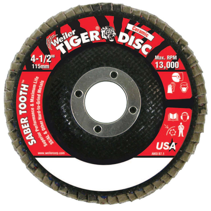 Saber Tooth Ceramic Flap Discs, 4 1/2 in, 60 Grit, 7/8 in Arbor, 13,000 rpm
