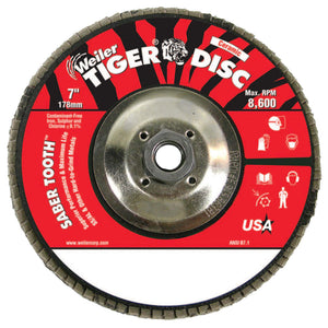 Saber Tooth Ceramic Flap Discs, 7, 40 Grit, 5/8 Arbor, 12,000 rpm