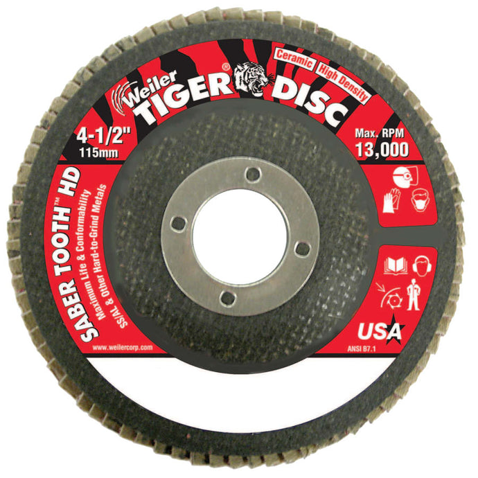 Saber Tooth Abrasive Flap Disc, Ceramic, 4-1/2 in Dia., 7/8 in Arbor, 40 Grit