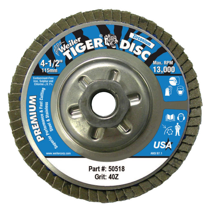 Tiger® Disc Angled Style Flap Disc, 4-1/2 in, 40 Grit, 5/8 Arbor, Aluminum Back