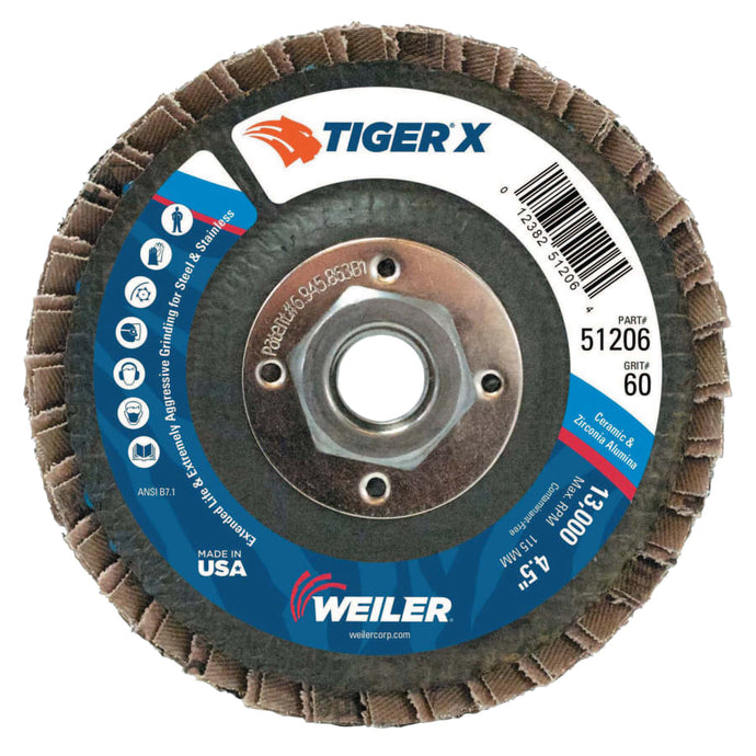 TIGER X Flap Disc, 4 1/2 in Angled, 60 Grit, 5/8 in - 11 Arbor