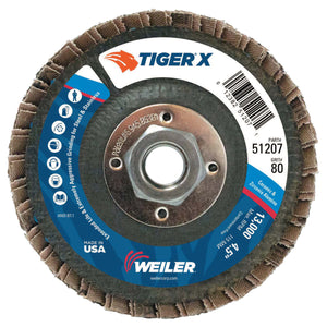 TIGER X Flap Disc, 4 1/2 in Angled, 80 Grit, 5/8 in - 11 Arbor