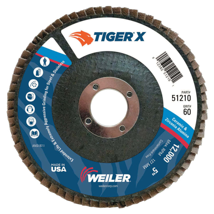 TIGER X Flap Disc, 5 in Angled, 60 Grit, 7/8 in Arbor