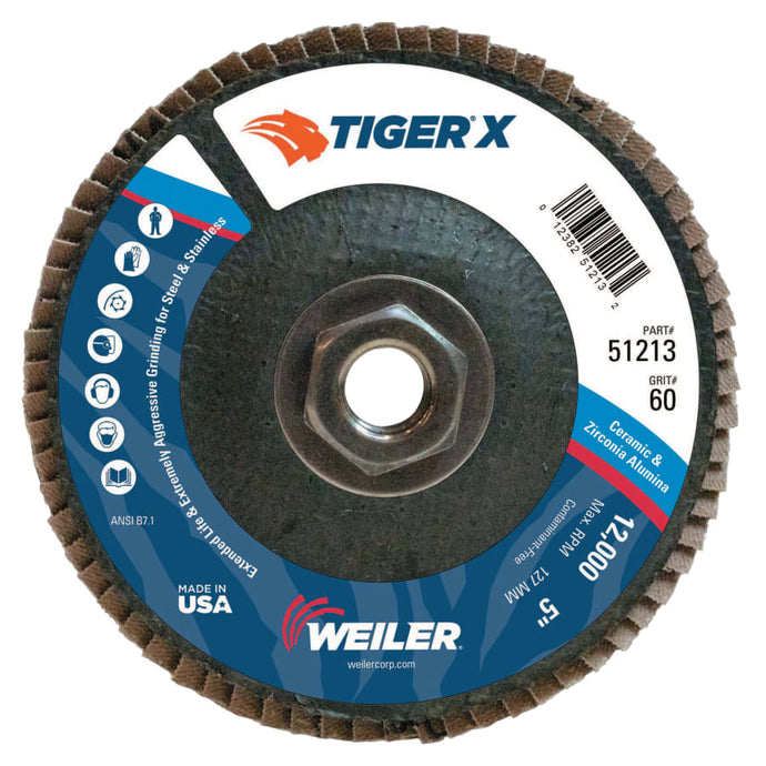 TIGER X Flap Disc, 5 in Angled, 60 Grit, 5/8 in - 11 Arbor
