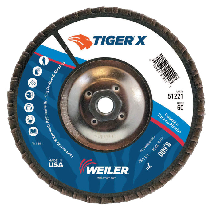 TIGER X Flap Disc, 7 in Angled, 60 Grit, 5/8 in - 11 Arbor