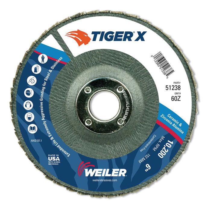 Tiger® X Flap Disc, Type 29, 6 in, 60 Grit, 7/8 in Arbor