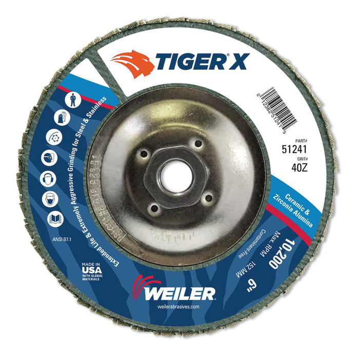 Tiger® X Flap Disc, Type 29, 6 in, 40 Grit, 5/8 in-11 Hub Arbor