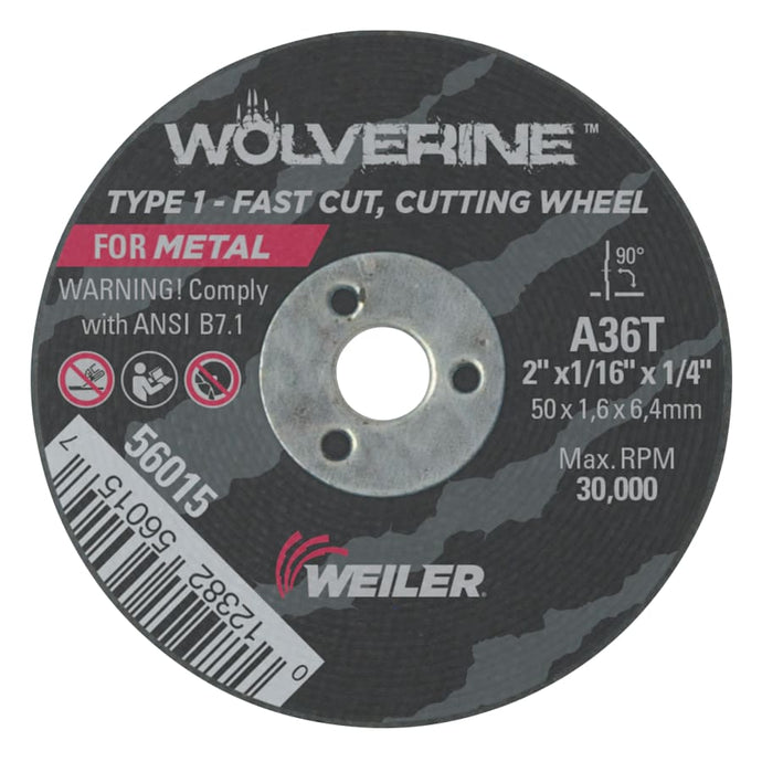 Wolverine™ Flat Type 1 Cutting Wheel, 2 in Dia, 1/16 in Thick, 36 Grit, Aluminum Oxide
