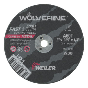 Wolverine™ Flat Type 1 Cutting Wheel, 3 in Dia, .035 Thick, 1/4 Arbor, 60 Grit