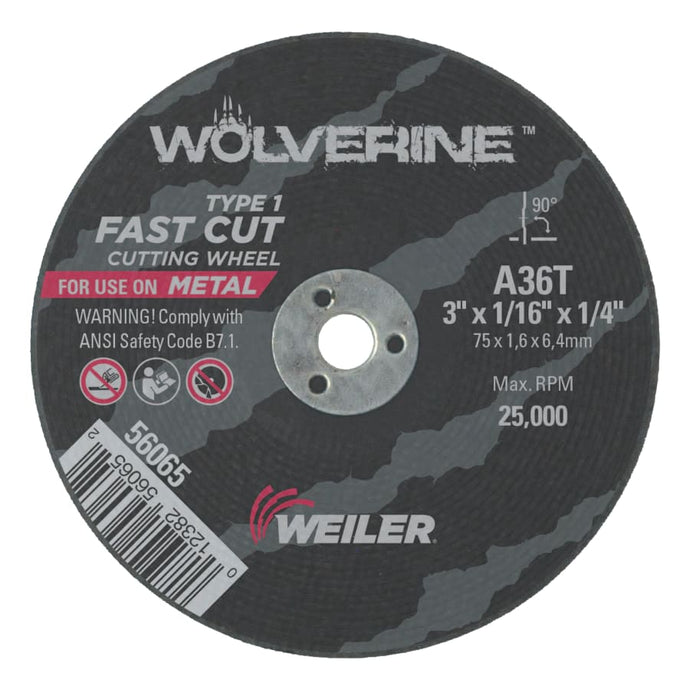 Wolverine™ Flat Type 1 Cutting Wheel, 3 in Dia, 1/16 Thick, 1/4 Arbor, 36 Grit