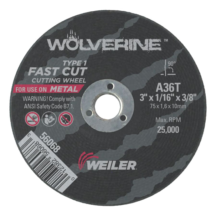 Wolverine™ Flat Type 1 Cutting Wheel, 3 in Dia, 1/16 Thick, 3/8 Arbor, 36 Grit