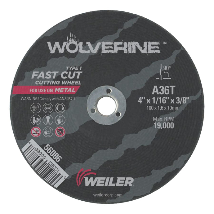 Wolverine™ Flat Type 1 Cutting Wheel, 4 in Dia, 1/16 Thick, 3/8 Arbor, 36 Grit