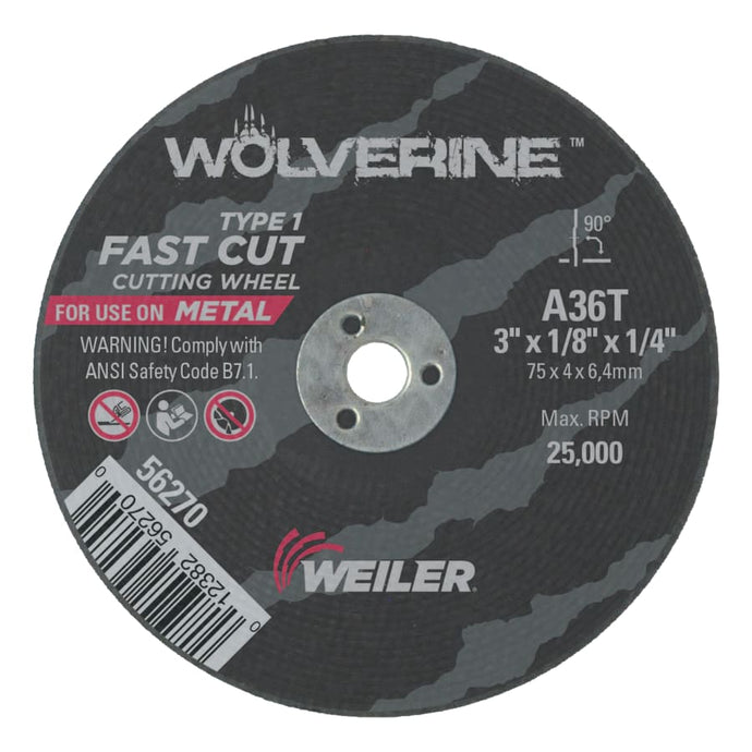 Wolverine™ Flat Type 1 Cutting Wheel, 3 in Dia, 1/8 in Thick, 1/4 Arbor, 36 Grit