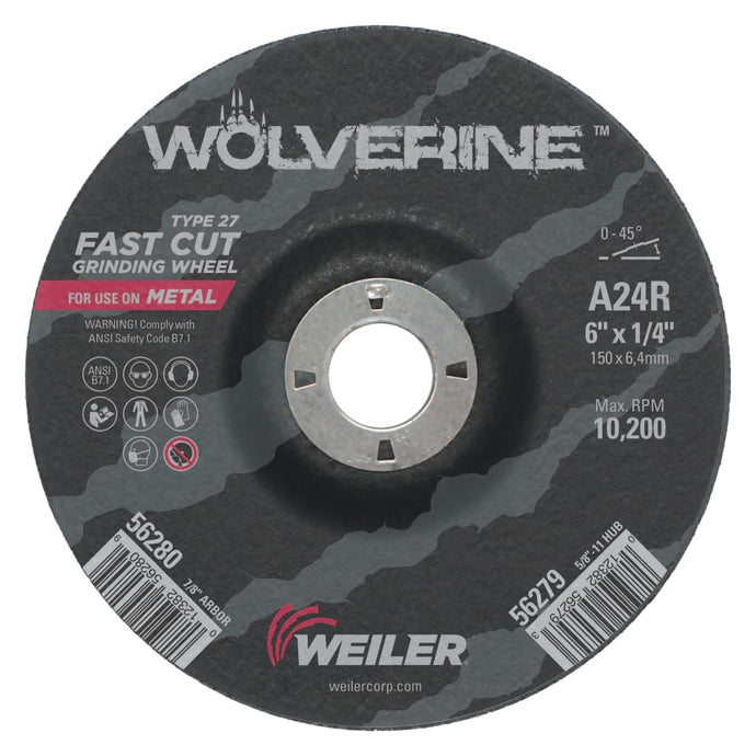 Wolverine Thin Cutting Wheels, 6 in Dia, 1/4 Thick, 7/8 Arbor, 24 Grit