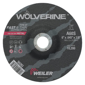 Wolverine Thin Cutting Wheels, 6 in x .045 in, 7/8 Arbor, 60 Grit, S, Type 27
