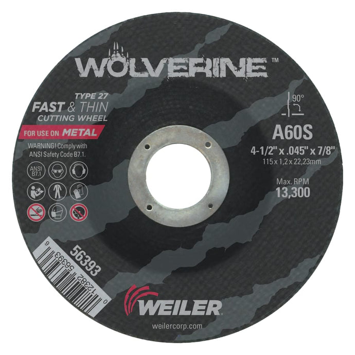 Wolverine Thin Cutting Wheels, 4 1/2 in x .045 in, 60 Grit, S, Aluminum Oxide