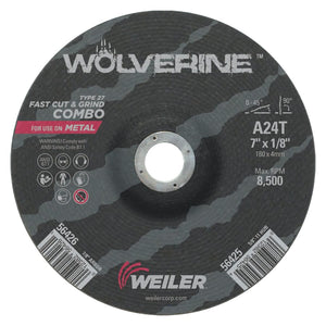 Wolverine Combo Wheels, 7 in Dia, 1/8 in Thick, 7/8 in Arbor, 24 Grit, T