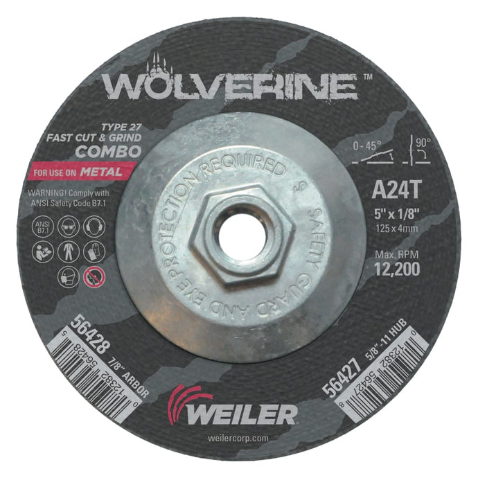 Wolverine Combo Wheels, 5 in Dia, 1/8 in Thick, 5/8 in Arbor, 24 Grit, T