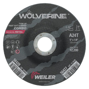 Wolverine Combo Wheels, 5 in Dia, 1/8 in Thick, 7/8 in Arbor, 24 Grit, T