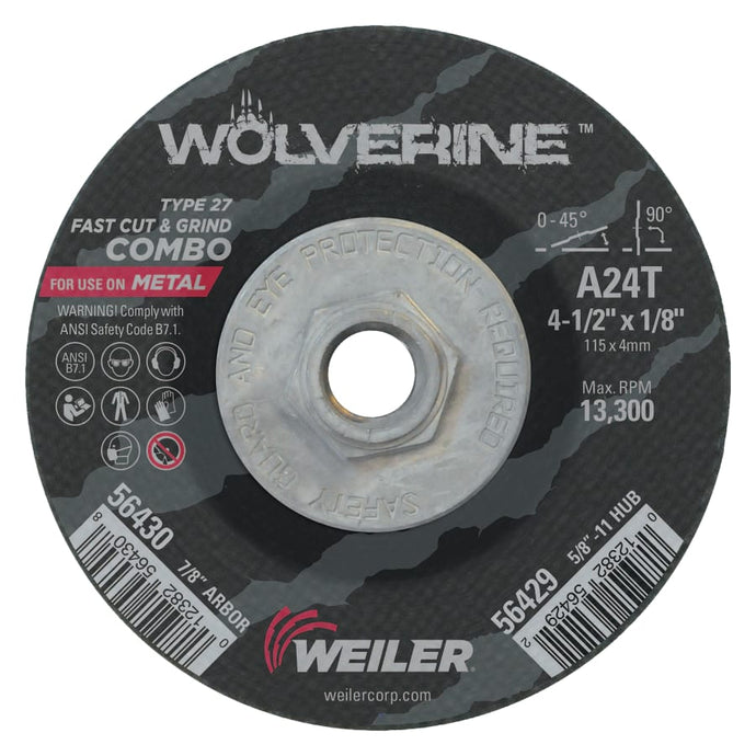 Wolverine Combo Wheels, 4 1/2 in Dia, 1/8 Thick, 5/8 in - 11, Arbor, 24 Grit, R